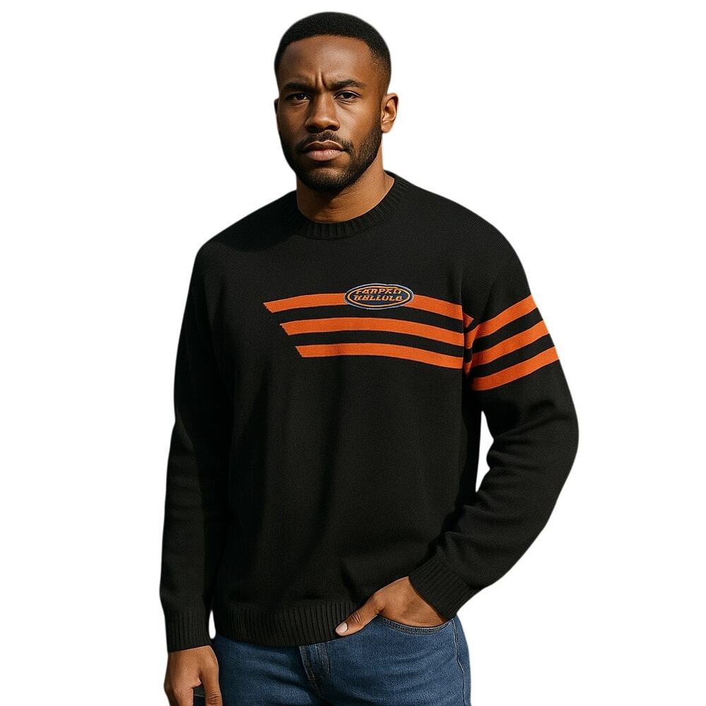 2005 Harley-Davidson Black Orange Stripe Knit Sweater L Cotton Moto biker rally